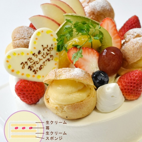 果実とシュークリームのデコレーションケーキ
